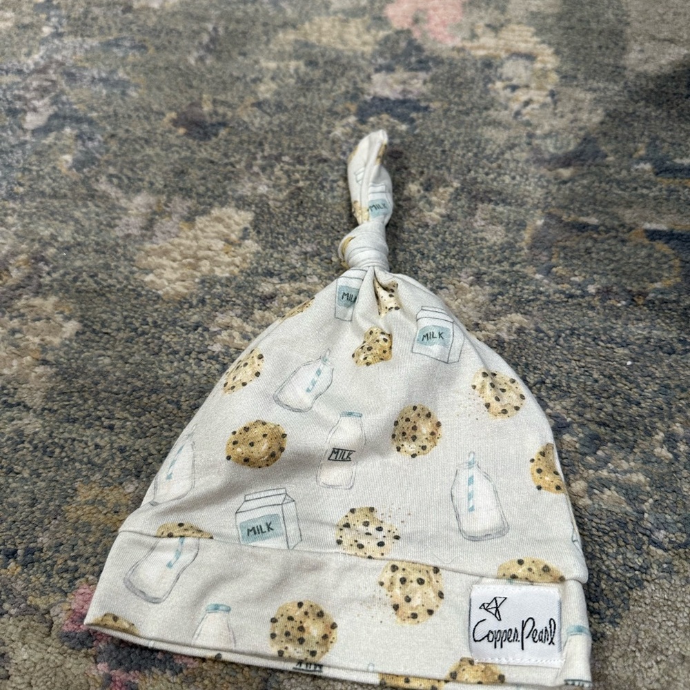 Copper Pearl Cream Baby Hat with Milk and Cookie Design